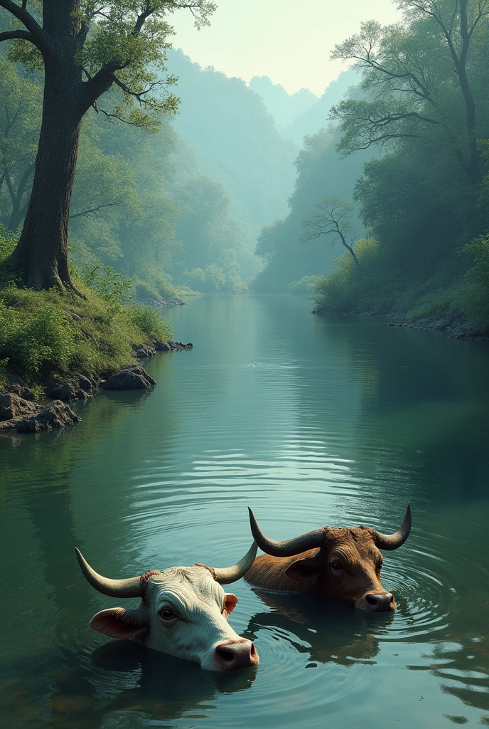 beautiful river with dead cow and ox heads