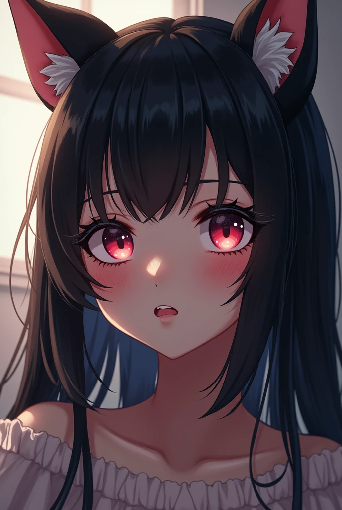 black hair, hair bobbles, wince, longeyelashes, solid circle eyes, fake animal ears, light smile, ear blush, fang, ccurate, Surrealism, drop shadow, anaglyph, stereogram, tachi-e, pov, atmospheric perspective, 8k, super detail, best quality