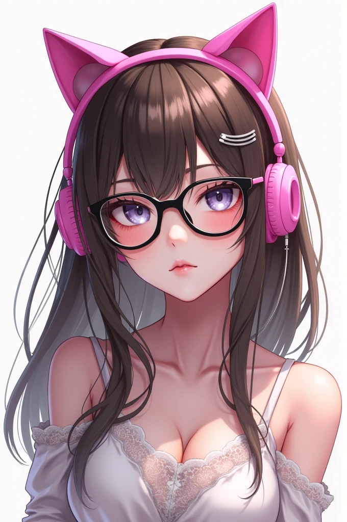 Female character pale skin brown hair wearing black glasses pink cat ear headphones with white background