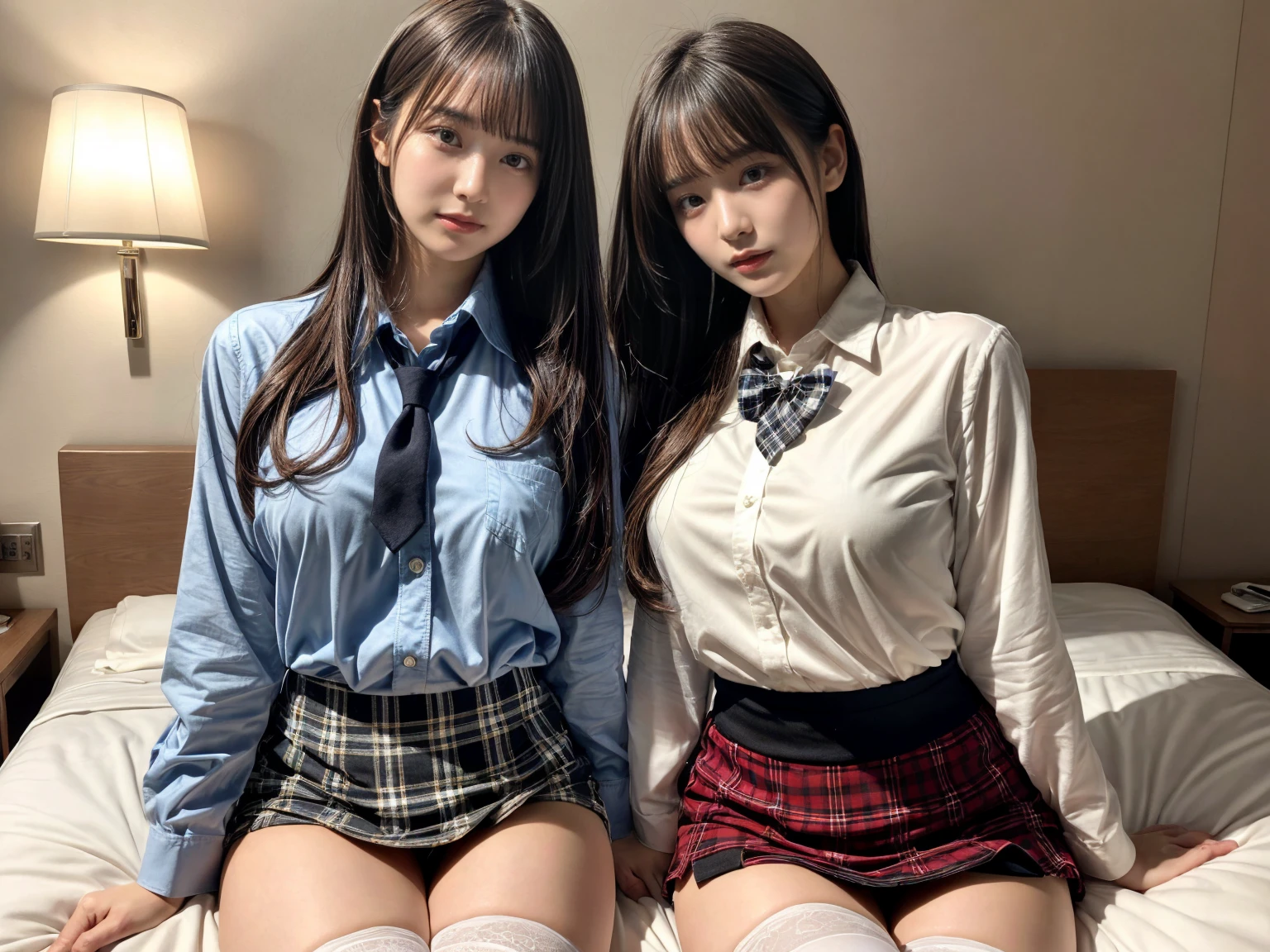 masterpiece, best quality, illustration, Super detailed, fine details, High resolution, 8K,wall paper, perfect dynamic composition,(Details High quality, realistic depiction of eyes:1.3), (3 girls), (white school shirt :1.2), (plaid skirt :1.3), tie black, black thigh-high stockings, sitting, open legs, short bob hair, in a hotel room in the background, deep on field, large breasts, black hair color, Big Natural Color Lip, (perfect body shape), crying a little、Harajuku style、20 year old girl、cute type、beautiful legs, Gravure Idol