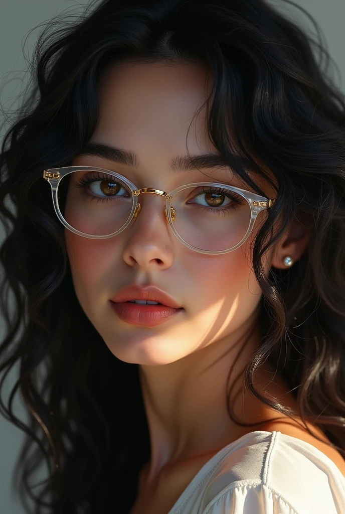 create an image of a white Brazilian woman with curly black hair/long wavy hair with a well-defined angelic face that wears glasses with transparent frames (a nice glasses), who has the kind eyes of Harry Potter&#39;s Slytherin