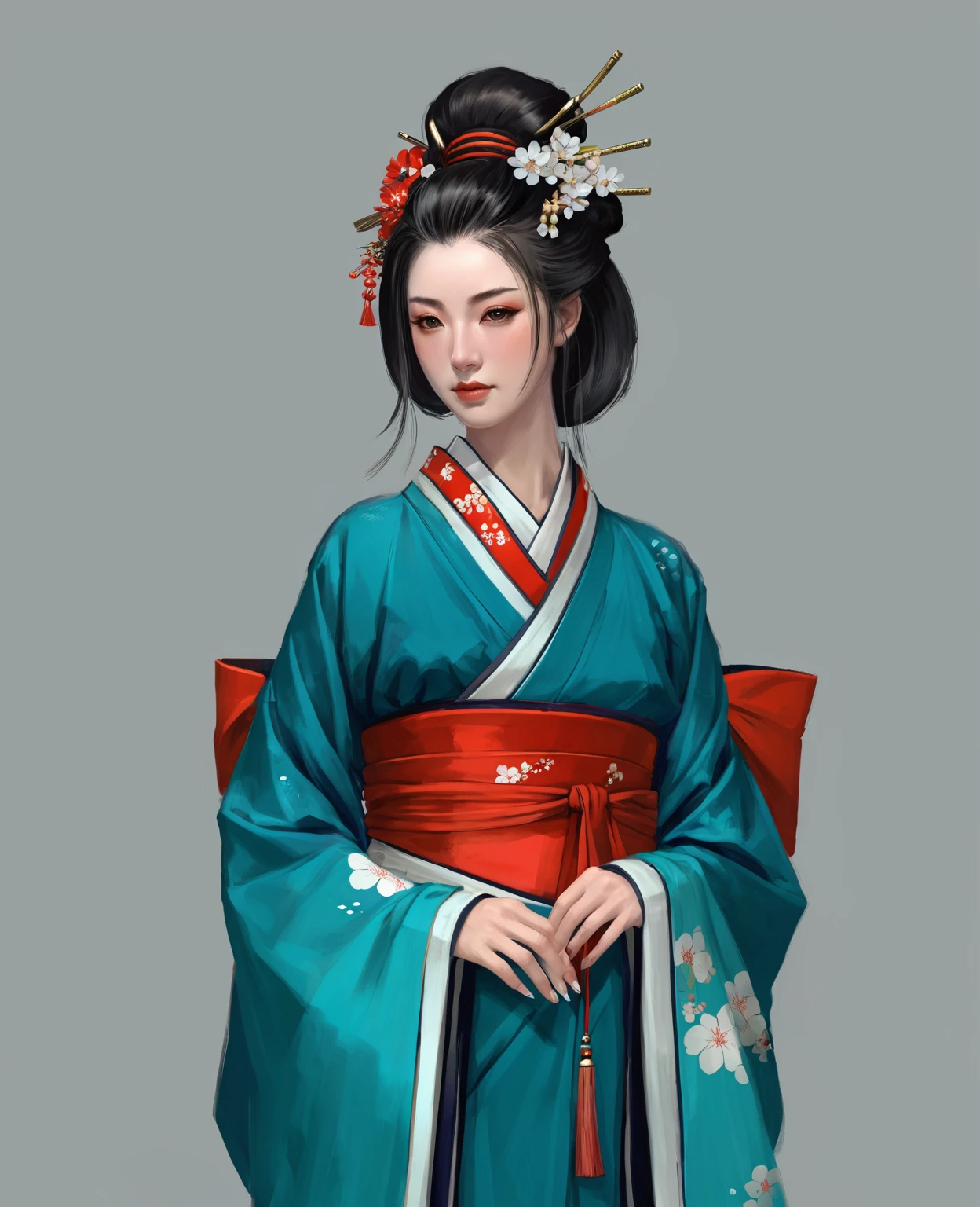 Нарисуй concept-арт самурая для MMORPG, centered on a Japanese setting. A geisha should inspire grace, sophistication and mystery, typical of Japanese culture. Picture her in a traditional kimono with details, combining elements of traditional and fantasy design. full length, concept, full length персонаж, digital painting