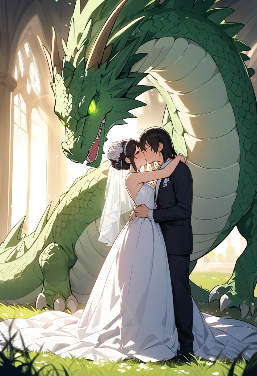 highres, top quality, best quality, paid reward available, High-quality illustrations, unparalleled masterpiece, grass field, absurdres, height difference, large dragon hugs girl((wedding Photo of a Dragon and human child girl))girl, wedding dress, girl hugs dragon, Shy laughter, torogao, happy, kiss(beautiful detailed eyes and face)caustics, dynamic lighting, deep shadow, lens flare,