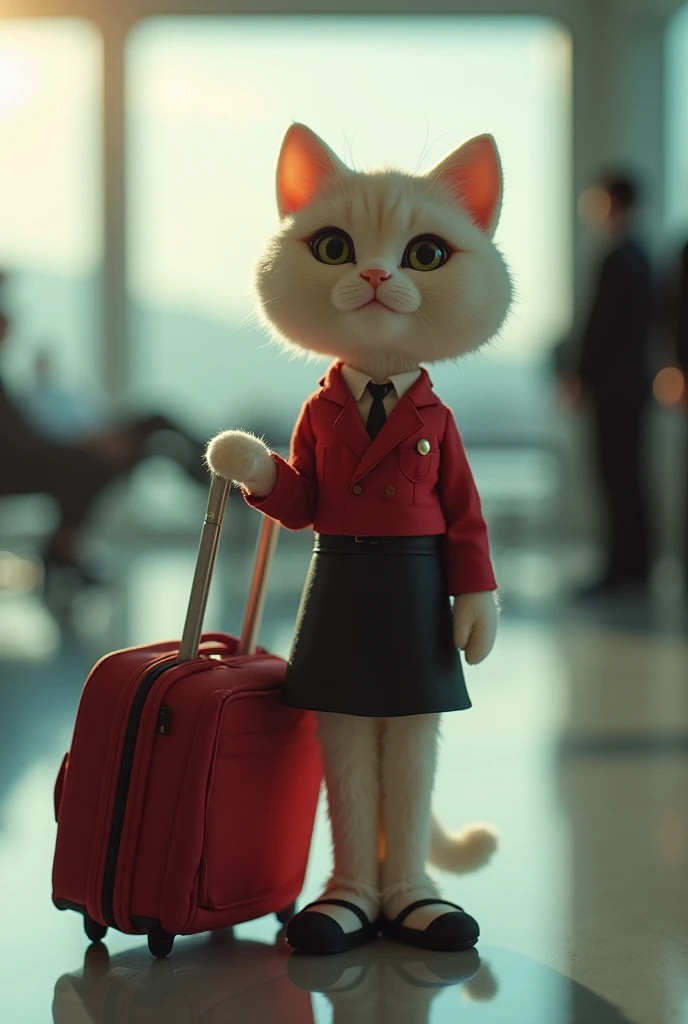 35mm lens，Multiple angles，漂亮的Cat，cute，Sexy，Personification，Back，side，silhouette，Overhead shot，Cat，Standing，doll，Airline stewardess，Trolley case，，AIRPORT，Airline stewardess， cloak,Ruan Jia,，Work clothes，tie, (Delicate face), (Fine fluffy fur)，（35mm Cinema Lens），（Multi-angle shooting），（many viewing angles）
