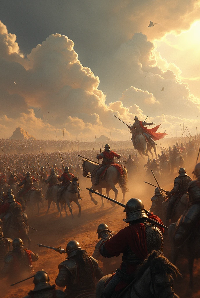 Depict the vast and chaotic battlefield of Mahabharat, with warriors clashing, chariots in motion, and the sky filled with arrows. The scene should be intense, showing the scale and ferocity of the battle.