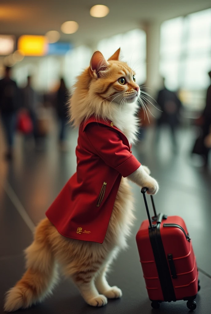 35mm lens,Multiple angles,漂亮的Cat,cute,Sexy,Personification,Back,side,silhouette,Overhead shot,Cat,Standing,doll,Airline stewardess,Trolley case,,AIRPORT,Airline stewardess, cloak,Ruan Jia,,Work clothes,tie, (Delicate face), (Fine fluffy fur),(35mm Cinema Lens),(Multi-angle shooting),(many viewing angles)