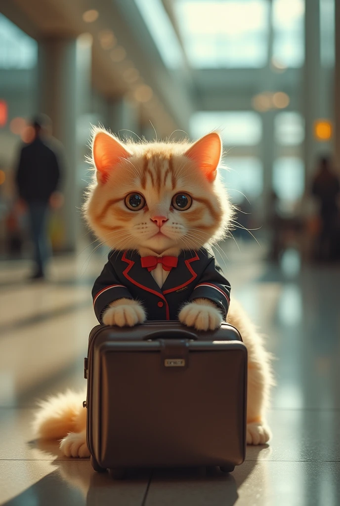 35mm lens,Multiple angles,漂亮的Cat,cute,Sexy,Personification,Back,side,silhouette,Overhead shot,Cat,Standing,doll,Airline stewardess,Trolley case,,AIRPORT,Airline stewardess, cloak,Ruan Jia,,Work clothes,tie, (Delicate face), (Fine fluffy fur),(35mm Cinema Lens),(Multi-angle shooting),(many viewing angles)