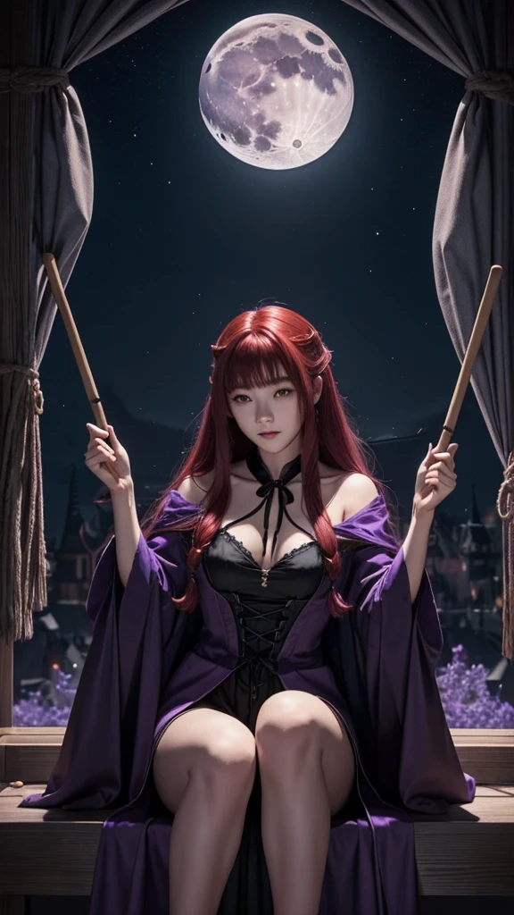 Moonlit Night、Above、broom、Straddle、mystery、Purple Robe、Magic Stick、Black cat、Twilight、Jack Lantern、Red hair、Long Hair、adult、ambition、strong、woman、witch、Slip empty