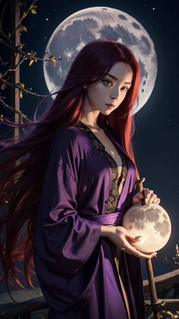 Moonlit Night、Above、broom、Straddle、mystery、Purple Robe、Magic Stick、Black cat、Twilight、Jack Lantern、Red hair、Long Hair、adult、ambition、strong、woman、witch、Slip empty