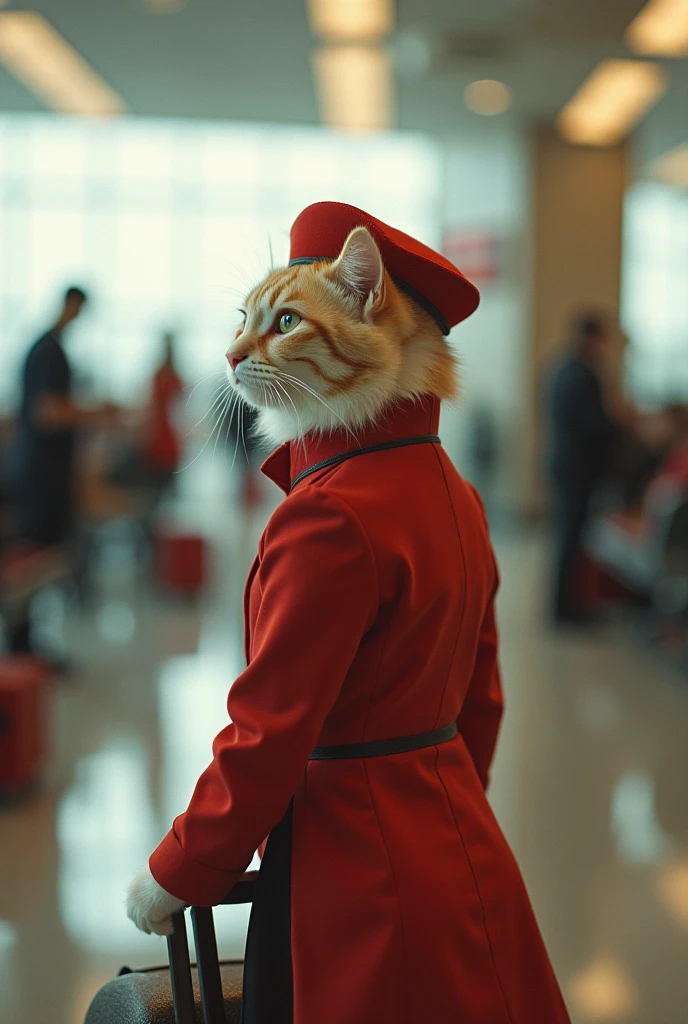 35mm lens,Multiple angles,漂亮的Cat,cute,Sexy,Personification,Back,side,silhouette,Overhead shot,Cat,Standing,doll,Airline stewardess,Trolley case,,AIRPORT,Airline stewardess, cloak,Ruan Jia,,Work clothes,tie, (Delicate face), (Fine fluffy fur),(35mm Cinema Lens),(Multi-angle shooting),(many viewing angles)