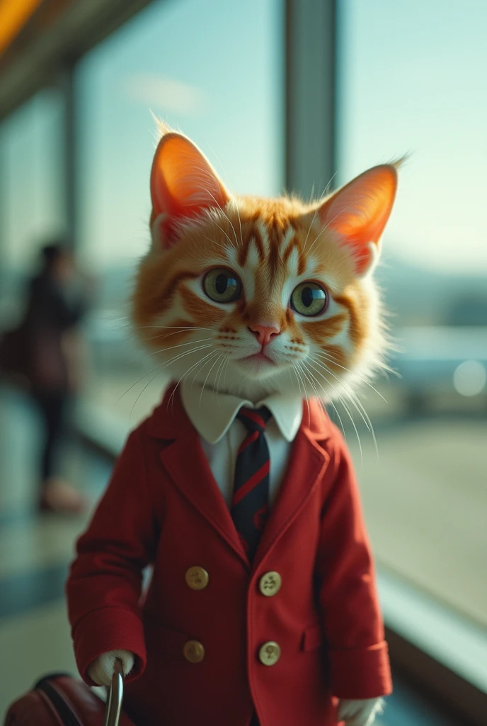 35mm lens,Multiple angles,漂亮的Cat,cute,Sexy,Personification,Back,side,silhouette,Overhead shot,Cat,Standing,doll,Airline stewardess,Trolley case,,AIRPORT,Airline stewardess, cloak,Ruan Jia,,Work clothes,tie, (Delicate face), (Fine fluffy fur),(35mm Cinema Lens),(Multi-angle shooting),(many viewing angles)