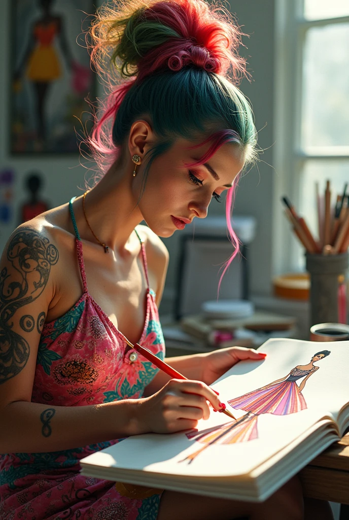 Realistic woman with sketchbook creating a new crazy dress for modelling meanwhile she's wearing crazy outfit matching her hair and personality