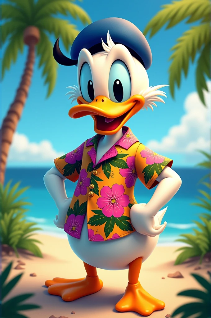 Donald duck wearing pink hawaian flowers shirts
