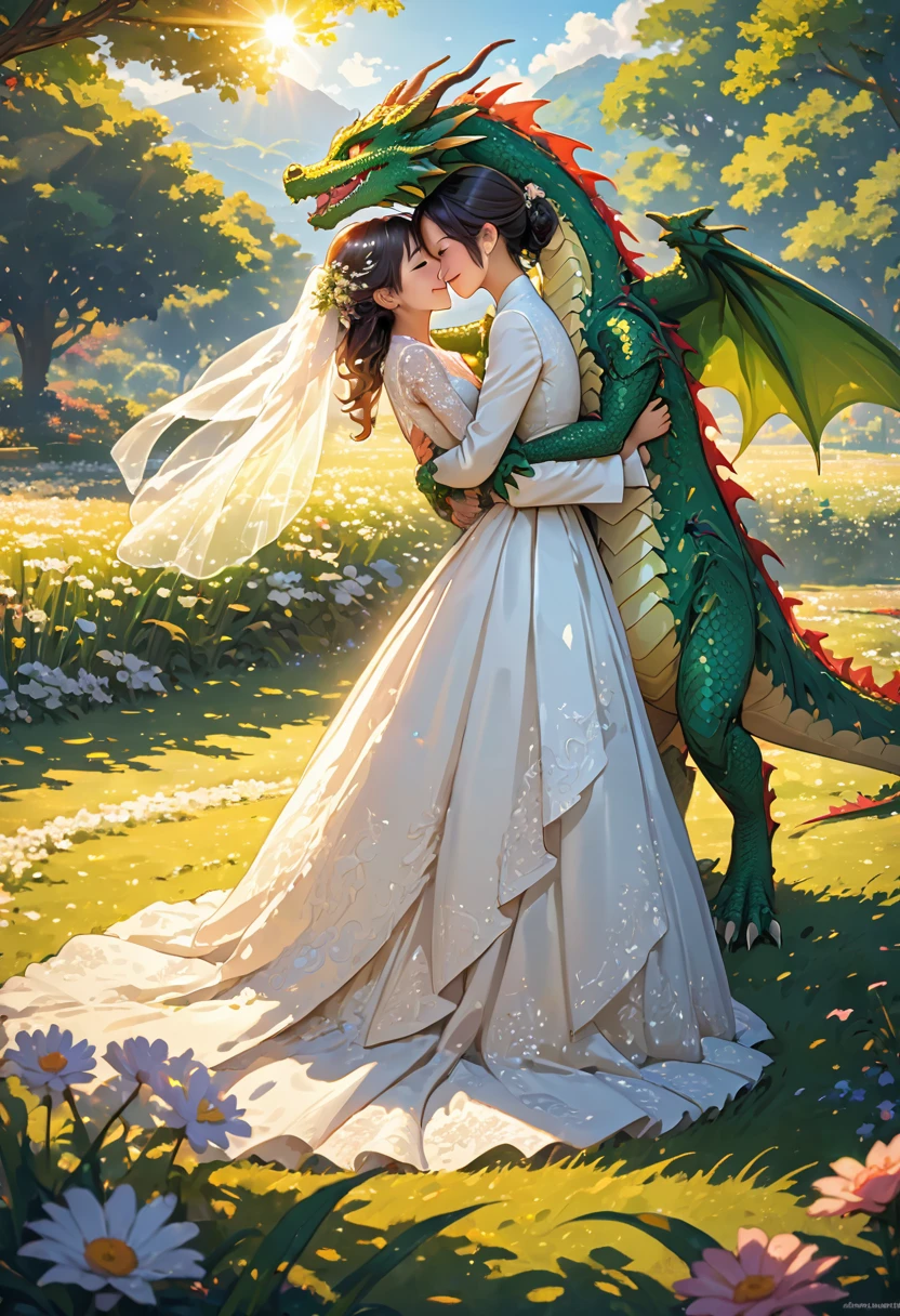 highres, top quality, best quality, paid reward available, High-quality illustrations, unparalleled masterpiece, grass field, absurdres, height difference, large dragon hugs girl((wedding Photo of a Dragon and human child girl))girl, wedding dress, girl hugs dragon, Shy laughter, torogao, happy, kiss(beautiful detailed eyes and face)caustics, dynamic lighting, deep shadow, lens flare,