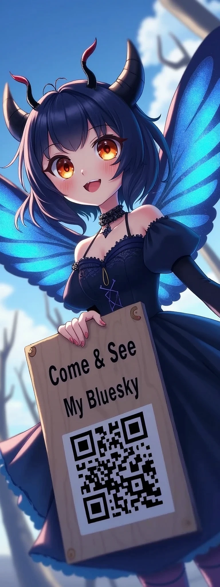 1girl\(devil,cute, (chibi:0.5),big eyes, orange eyes,horn, hair color dark, beautiful hair,cute hair style,gothic dress,beautiful dress,breast, blue wings of butterfly, sparkling blue scales,big evil smile,cute smile, holding big wooden hand held sign (((with QRcode))) says "Come & See My Bluesky ☠"\), background\(beautiful blue sky, dead trees,,dead flowers \),(close up sign:1.5),dynamic pose,dynamic angle,pony style