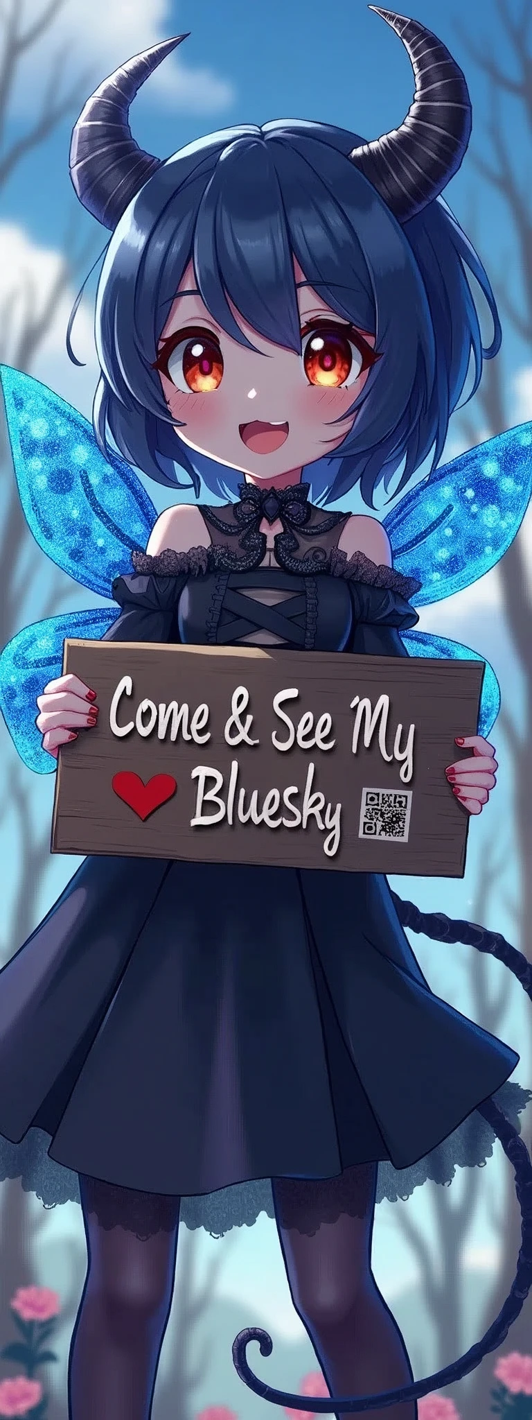 1girl\(devil,cute, (chibi:0.5),big eyes, orange eyes,horn, hair color dark, beautiful hair,cute hair style,gothic dress,beautiful dress,breast, blue wings of butterfly, sparkling blue scales,big evil smile,cute smile, holding big wooden hand held sign (((with QRcode))) says "Come & See My Bluesky ☠"\), background\(beautiful blue sky, dead trees,,dead flowers \),(close up sign:1.5),dynamic pose,dynamic angle,pony style