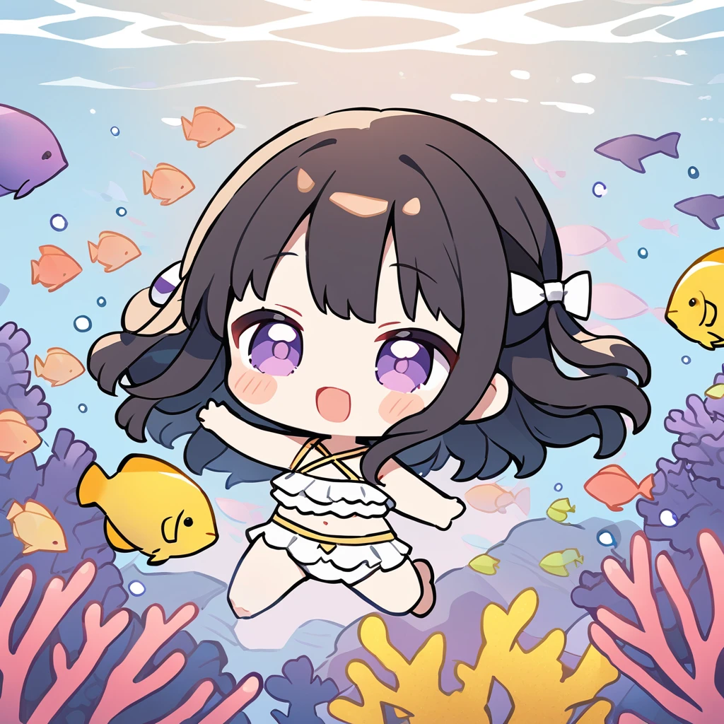 Black-haired girl swimming in the sea1People Girl、Yellow ribbon、White floral bikini、Coral Reef、A school of purple tropical fish swimming、Chibi Character