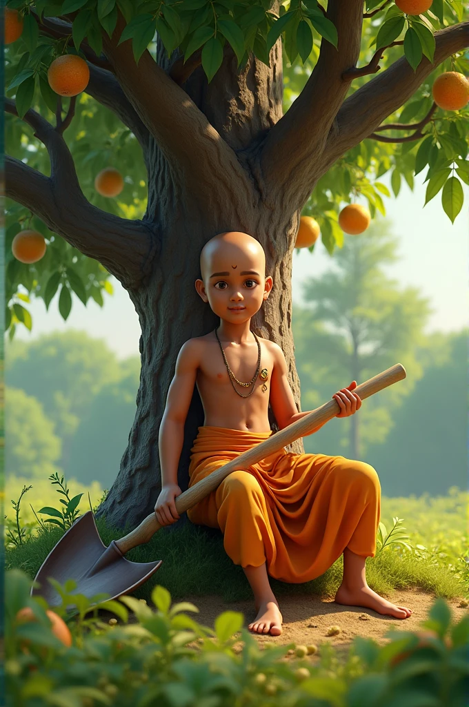 As a farmer in a orchard  , and  boy wearing sarama and baniyam, bald ,sitting on beautiful tree, with name "රසිදු" write on  the side of the chest , a hoe in one hand,3d art painting realistic photo
