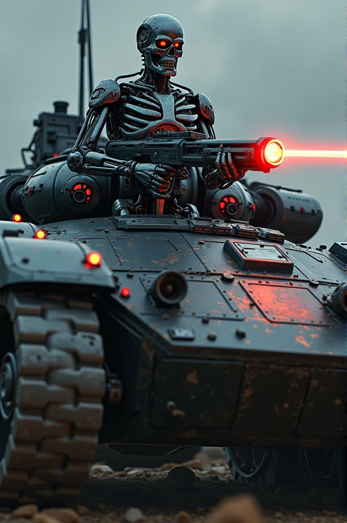 The terminator is holding laser gun in a futuristic tank