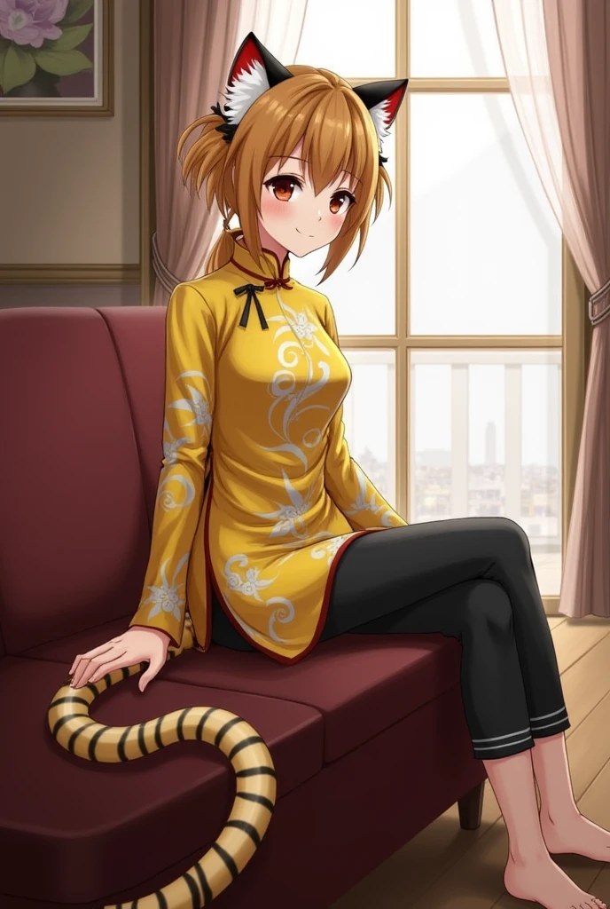 1girl, master tigress, solo, tail, looking at viewer, gold qipao, sleeves, black silk pants Sitting on couch, living room, window
