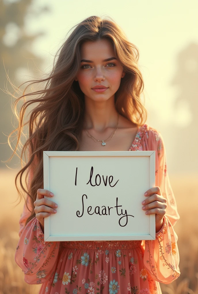 Beautiful girl with wavy long hair, bohemian dress, holding a white board with text "I Love Seaart Infinity" and showing it to the viewer