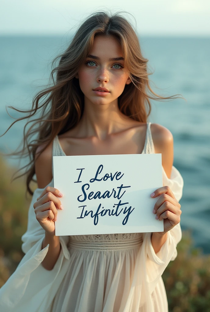 Beautiful girl with wavy long hair, bohemian dress, holding a white board with text "I Love Seaart Infinity" and showing it to the viewer