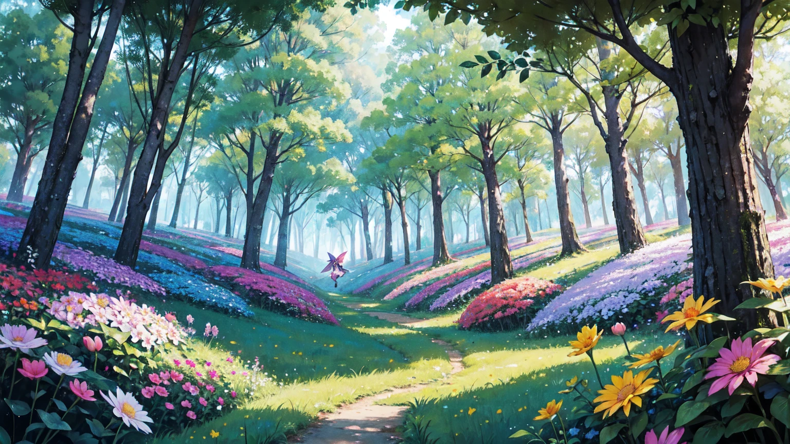The backdrop is a peaceful, colorful setting in a vibrant forest, uninhabited and full of flowers. Glowing little fairies are flying around. Background only.
