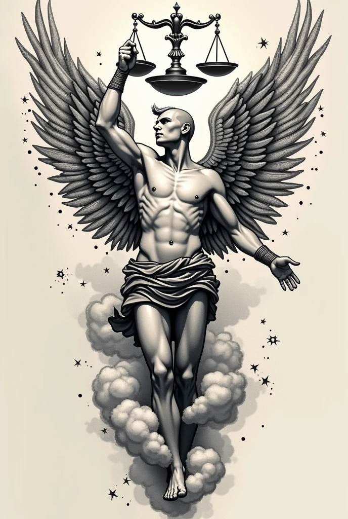 Create a tattoo of the God Kairos, holding your scale above your head, around clouds on male forearm. Understand this explanation about the God Kairos: Portrayed as a bald young man with only a lock of hair on his forehead, he had unparalleled agility, having wings on the shoulders and heels.
Get a Blackwork style tattoo with dotted details.