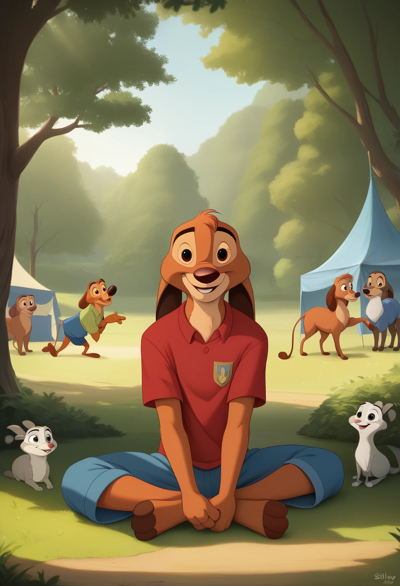 The picture shows a group of young people, most likely members of an organization or activity group, posing together outdoors. They all wore uniform red shirts., which emphasizes group identity. In the background, looks like a natural setting with trees and maybe a tent or other structure, which shows that they are at an outdoor activity such as camping or a community event..
Some of the people in the picture are making hand poses or gestures, adds a relaxed and friendly impression. Some of them smiled broadly, reflects a cheerful and enthusiastic atmosphere. At the front, there is a group of people sitting on the ground, with one participant holding a bunch of colorful balls, may be part of a game or group activity.
If this image is to be regenerated in Disney style, elements to be noted are:
1. **Face and Expression**: The cheerful and expressive facial style typical of Disney characters., with big eyes and a big smile.
2. **clothes**: Still maintaining the red shirt as an identity element, but maybe with a more cartoonish touch.
3. **Background**: Natural style with bright colors and details is typical in Disney illustrations., with trees and other natural elements emphasized.
4. **pose**: Dynamic movements and poses, reflects the cheerful and energetic character as in Disney animations.
Please use this description to generate a Disney style image..