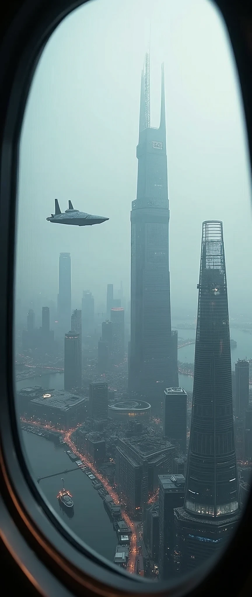 Future city seen from a spaceship window:1.5,fog,port,Flying Spaceship,Skyscraper,masterpiece,Highest quality,Ultra-high resolution,(Very detailed:1.2),8k,Realistic,Best aesthetics,beautiful