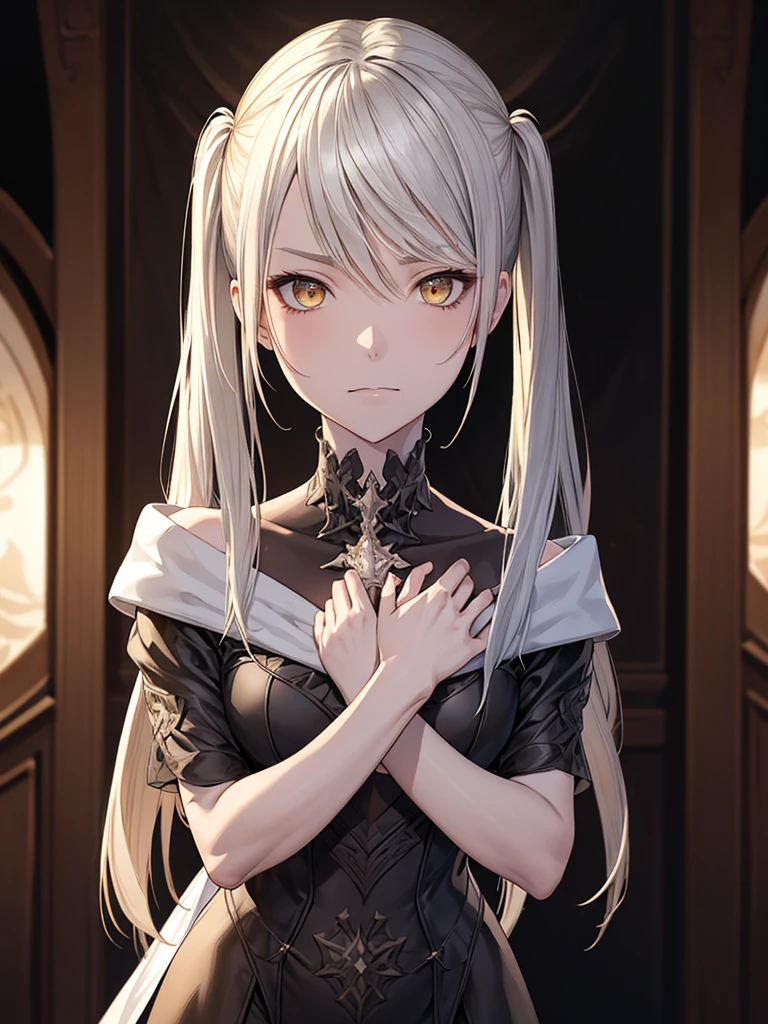 Absurd ,masterpiece, main office, 4K, High resolution, Highest quality, 1girl in center screen with beautifulface, white_hair. (Black costume:1.2),Deep Darkness, 前hair, chest, Eyebrow_appear_Through_hair, hair_ornament, Light_particle, length_hair, Looking_in_Audience, Moderate_chest, Sand Dunesの表面, 一人in, null間, star_(null), starry_null, Twin tails, very_length_hair, yellow_eye,  transparent, see-Through,(background_Giedi_Prime_Sand Dunes:1.0), (Innocent face:1.1),  beautiful eye, volumetric Lighting, True Shadow.