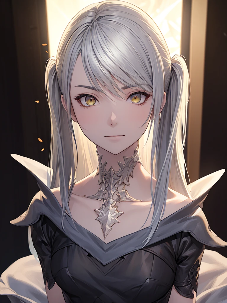 Absurd ,masterpiece, main office, 4K, High resolution, Highest quality, 1girl in center screen with beautifulface, white_hair. (Black costume:1.2),Deep Darkness, 前hair, chest, Eyebrow_appear_Through_hair, hair_ornament, Light_particle, length_hair, Looking_in_Audience, Moderate_chest, Sand Dunesの表面, 一人in, null間, star_(null), starry_null, Twin tails, very_length_hair, yellow_eye,  transparent, see-Through,(background_Giedi_Prime_Sand Dunes:1.0), (Innocent face:1.1),  beautiful eye, volumetric Lighting, True Shadow.