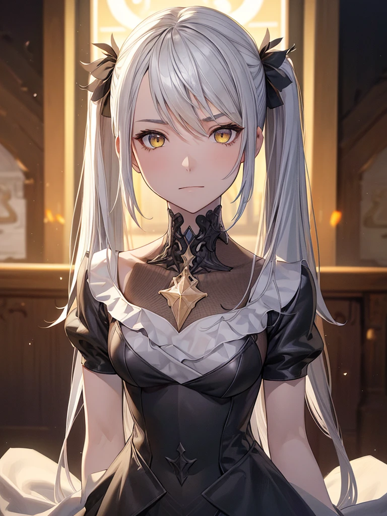 Absurd ,masterpiece, main office, 4K, High resolution, Highest quality, 1girl in center screen with beautifulface, white_hair. (Black costume:1.2),Deep Darkness, 前hair, chest, Eyebrow_appear_Through_hair, hair_ornament, Light_particle, length_hair, Looking_in_Audience, Moderate_chest, Sand Dunesの表面, 一人in, null間, star_(null), starry_null, Twin tails, very_length_hair, yellow_eye,  transparent, see-Through,(background_Giedi_Prime_Sand Dunes:1.0), (Innocent face:1.1),  beautiful eye, volumetric Lighting, True Shadow.