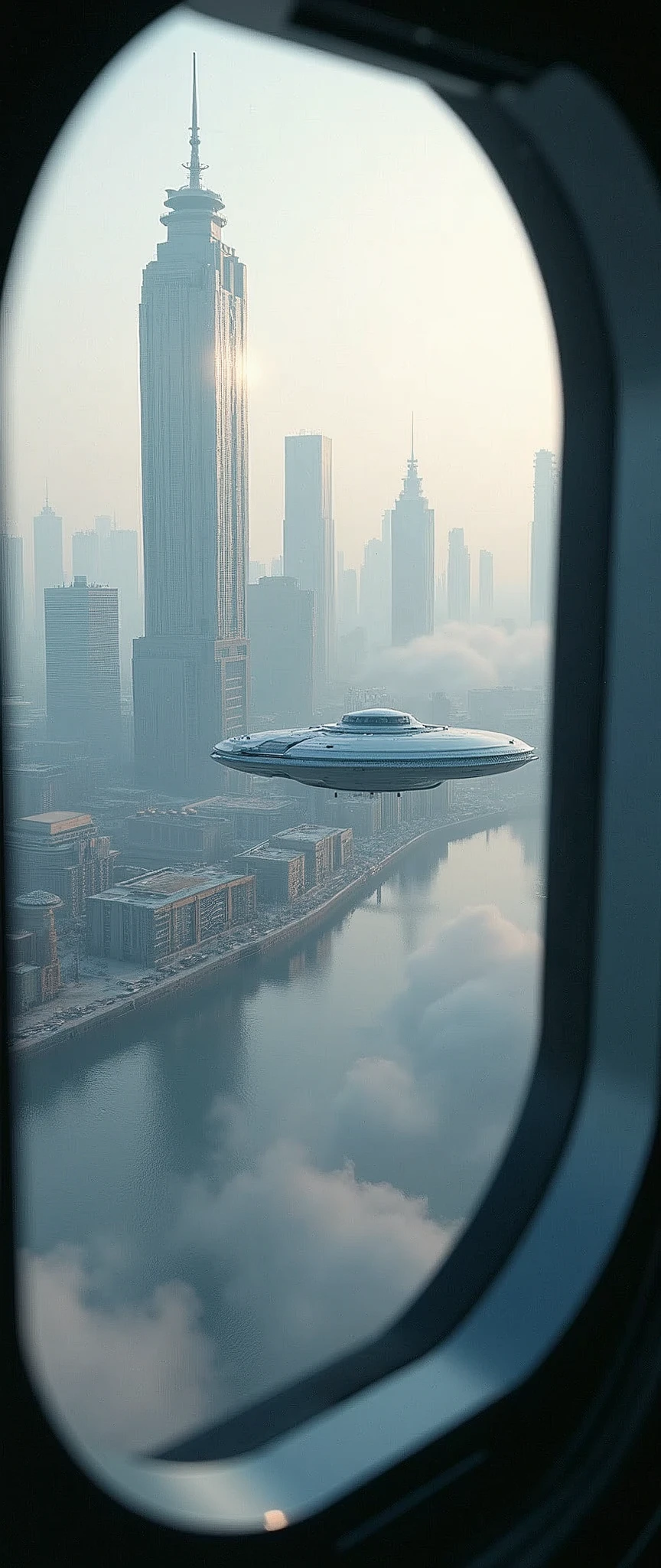 Future city seen from a spaceship window:1.5,fog,port,Flying Spaceship,Skyscraper,masterpiece,Highest quality,Ultra-high resolution,(Very detailed:1.2),8k,Realistic,Best aesthetics,beautiful