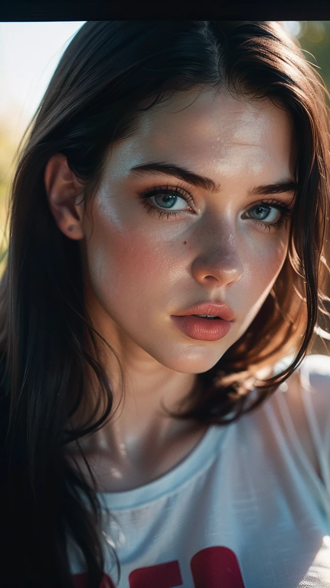 (((ultra realistic))) Photo, masterpiece, top quality, (Pale skin), (Ultra detailed face and eyes.:1.3), 1 girl with t-shirt, (eye makeup, mask) , ((big detailed lips)), ((dark hair)), ((Chiolka)) , (natural breasts), Thin waist. ((Posing)), Photoshoot, studio (Soft lighting), (The game of lights and shadows), depth of field, bokeh, (Special attention to leather details.: 1.2), detailed leather texture, skin pores. (Warm frame environment.. Color range - black, purple, rosa, blue tones), DR, ((film grain)), ((good heavens)), ((Glare)), ((Photo to the waist, close to the camera)) , ultra detialed, 