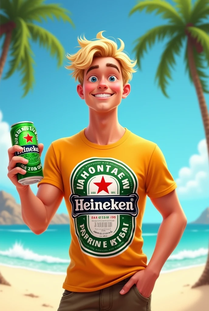 Create an image of a young white man with blond hair wearing a Heineken shirt on the beach with the phrase saying: I&#39;m on vacation !! .Put a Heineken Zero in your hand Disney style

