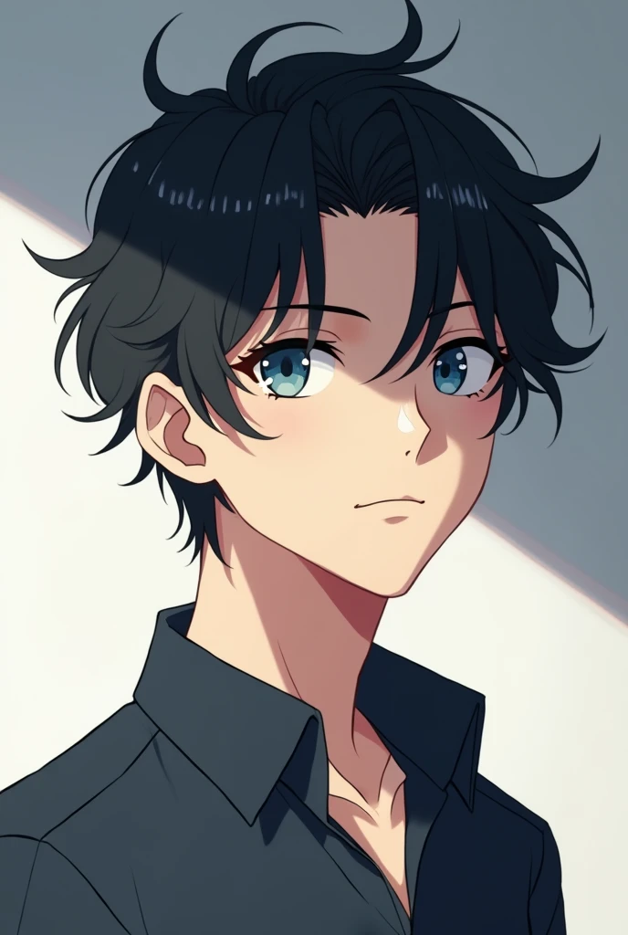 Beautiful handsome, big boy with slightly wavy black hair, blue eyes in anime style picture