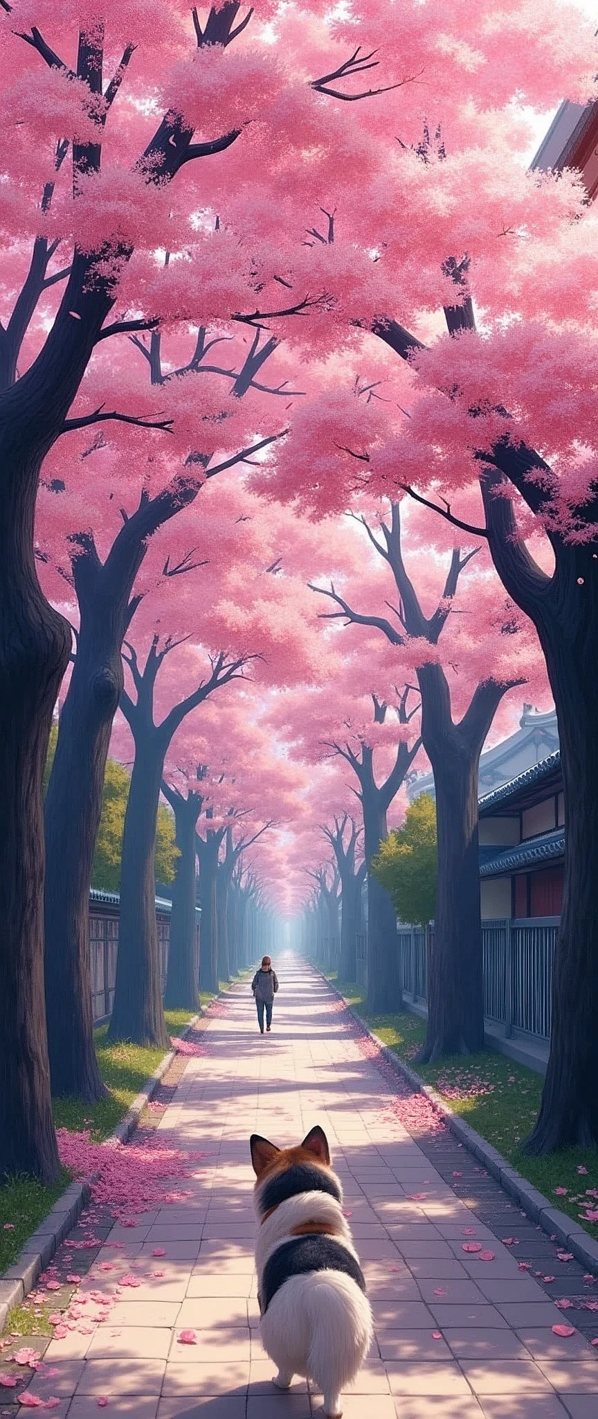 (masterpiece:1.2,Highest quality,Highest quality),(Very detailed),(An illustration),8k,wallpaper,Beautiful landscape photography,Japan,Kyoto,Cherry Blossom Tree Street,Cherry blossom petals falling,Dog walker