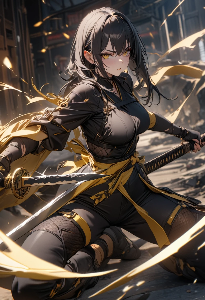 masterpiece, 8k, best quality, highly detailed, a female ninja wielding two short swords, one made of black necrotic metal & the other made of yellow electric metal