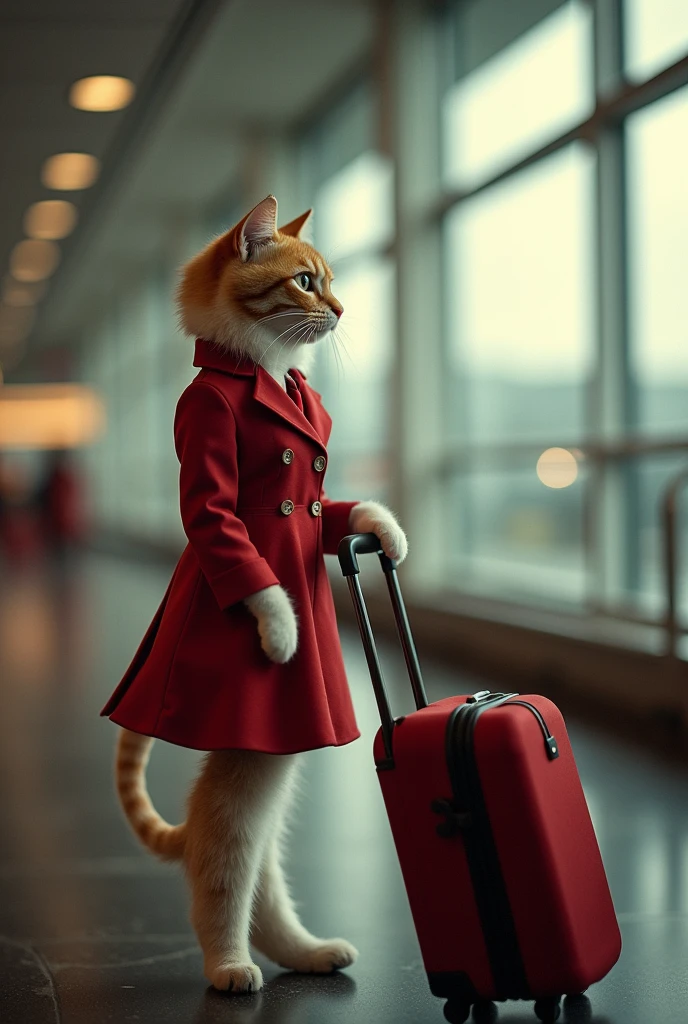 35mm lens，Multiple angles，漂亮的Cat，cute，Sexy，Personification，Back，side，silhouette，Overhead shot，Cat，Standing，doll，Airline stewardess，Trolley case，，AIRPORT，Airline stewardess， cloak,Ruan Jia,，Work clothes，tie, (Delicate face), (Fine fluffy fur)，（35mm Cinema Lens），（Multi-angle shooting），（many viewing angles）