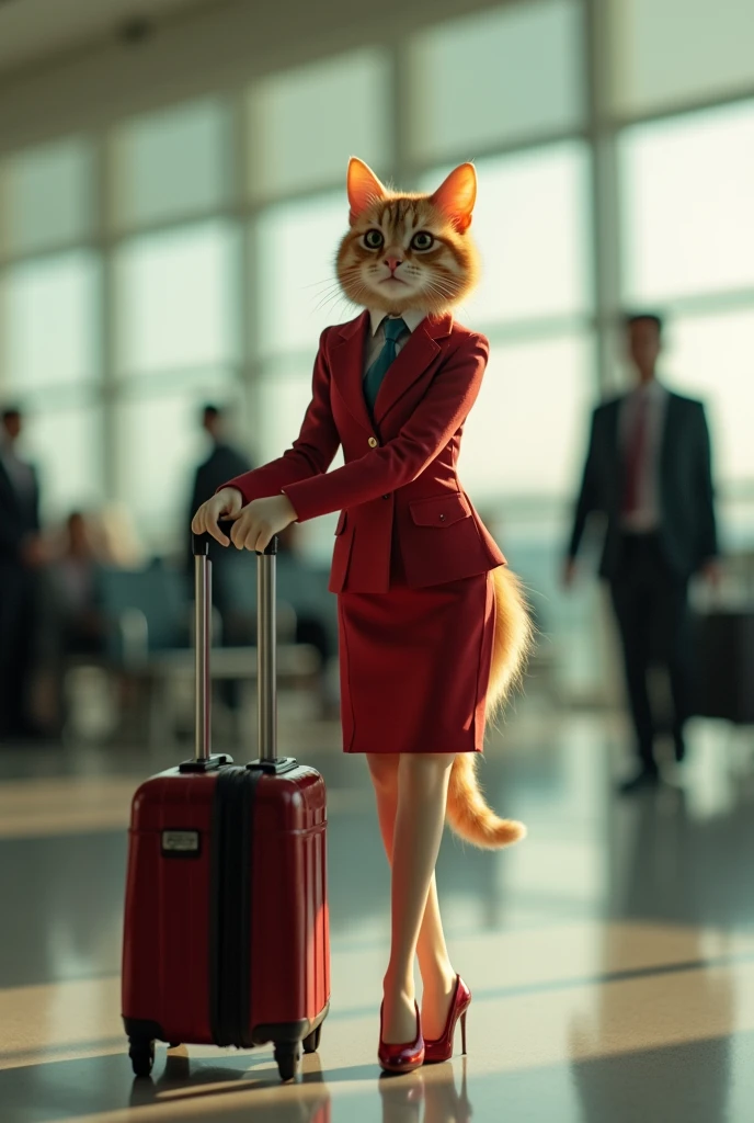 35mm lens,Multiple angles,漂亮的Cat,cute,Sexy,Personification,Back,side,silhouette,Overhead shot,Cat,Standing,doll,Airline stewardess,Trolley case,,AIRPORT,Airline stewardess, cloak,Ruan Jia,,Work clothes,tie, (Delicate face), (Fine fluffy fur),(35mm Cinema Lens),(Multi-angle shooting),(many viewing angles)