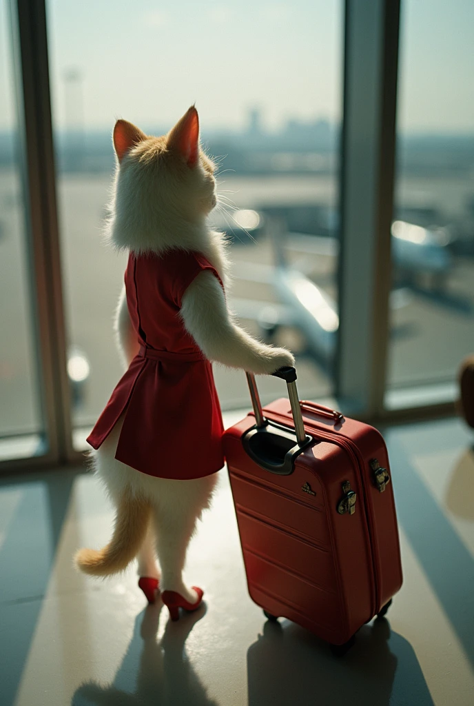 35mm lens，Multiple angles，漂亮的Cat，cute，Sexy，Personification，Back，side，silhouette，Overhead shot，Cat，Standing，doll，Airline stewardess，Trolley case，，AIRPORT，Airline stewardess， cloak,Ruan Jia,，Work clothes，tie, (Delicate face), (Fine fluffy fur)，（35mm Cinema Lens），（Multi-angle shooting），（many viewing angles）
