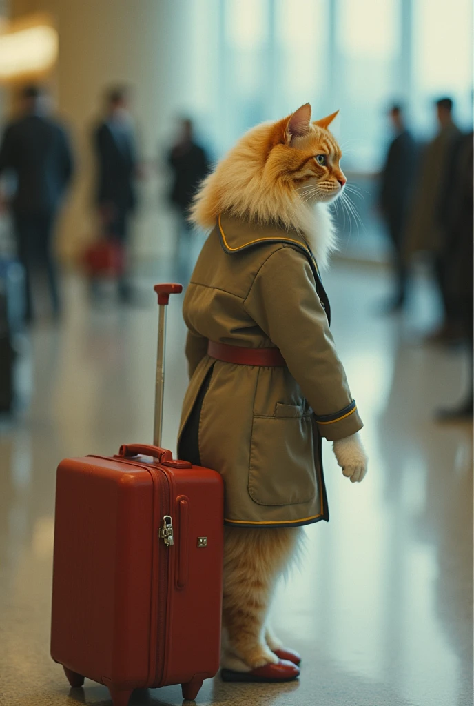 35mm lens,Multiple angles,漂亮的Cat,cute,Sexy,Personification,Back,side,silhouette,Overhead shot,Cat,Standing,doll,Airline stewardess,Trolley case,,AIRPORT,Airline stewardess, cloak,Ruan Jia,,Work clothes,tie, (Delicate face), (Fine fluffy fur),(35mm Cinema Lens),(Multi-angle shooting),(many viewing angles)