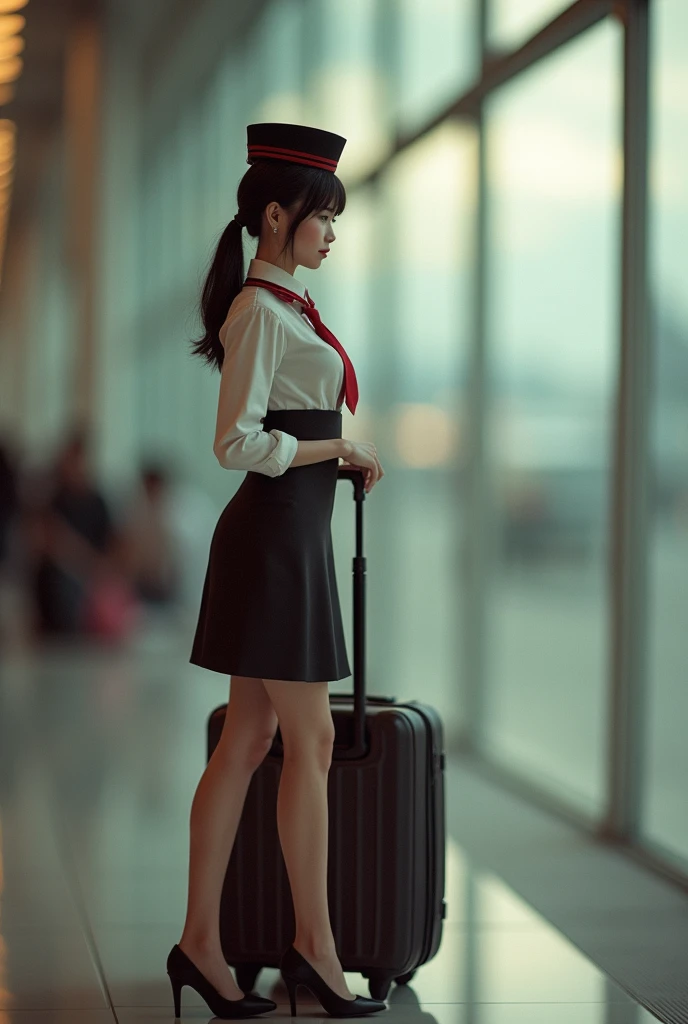35mm lens，Multiple angles，漂亮的Cat，cute，Sexy，Personification，Back，side，silhouette，Overhead shot，Cat，Standing，doll，Airline stewardess，Trolley case，，AIRPORT，Airline stewardess， cloak,Ruan Jia,，Work clothes，tie, (Delicate face), (Fine fluffy fur)，（35mm Cinema Lens），（Multi-angle shooting），（many viewing angles）