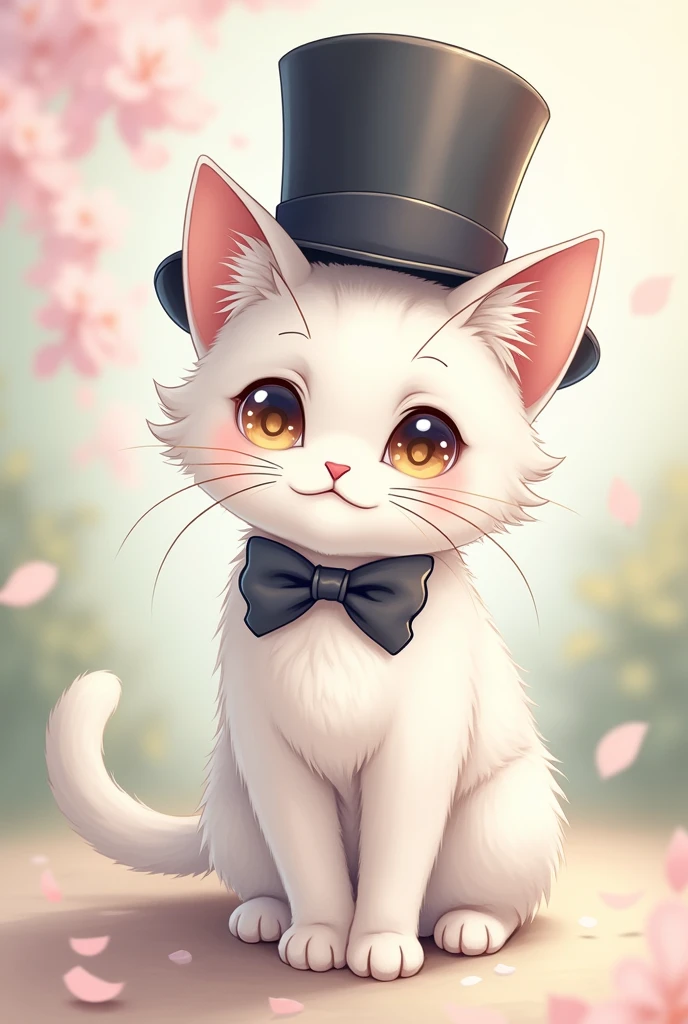 White cat　silk hat　sit　A bow tie　Anime Style　cute