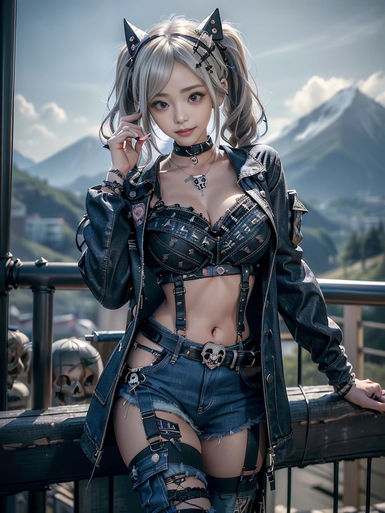 (Beautiful lips and nose:1.4)、(Long eyelashes:1.4)、(Smiling with teeth showing:1.3),(Shibuya Gal:1.5)、(Gothic Lolita delicately decorated dress:1.5)、(Tattered denim and black punk rock cargo pants:1.5)、(Denim and black navy skull mark small jacket:1.4)、(denim garter belt:1.5)、(Black and denim knee socks:1.3)、(Skull Silver Accessories:1.5)、(Denim collar:1.3)、(Brown Skin Belt:1.4)、(Brown boots:1.2)、(The underwear is striped:1.4)、31 years old、((Highest quality、In 8K、masterpiece:1.3))、Sharp focus:1.2、(Layered Cut、Huge boobs:1.1),Beautiful woman with perfect figure:1.4、(Dancing vigorously:1.3)、Slender Abs:1.2、Highly detailed face and skin texture、Detailed eyes、double eyelid,(Twin tails:1.3)、(Cream colored hair:1.3)、Gravure idol、(The background is a vast mountain with a clear view々Beautiful luxury resort destination in Europe:1.3)、(Slim Body:1.2),(Make your legs thinner:1.4),(clavicle:1.1)