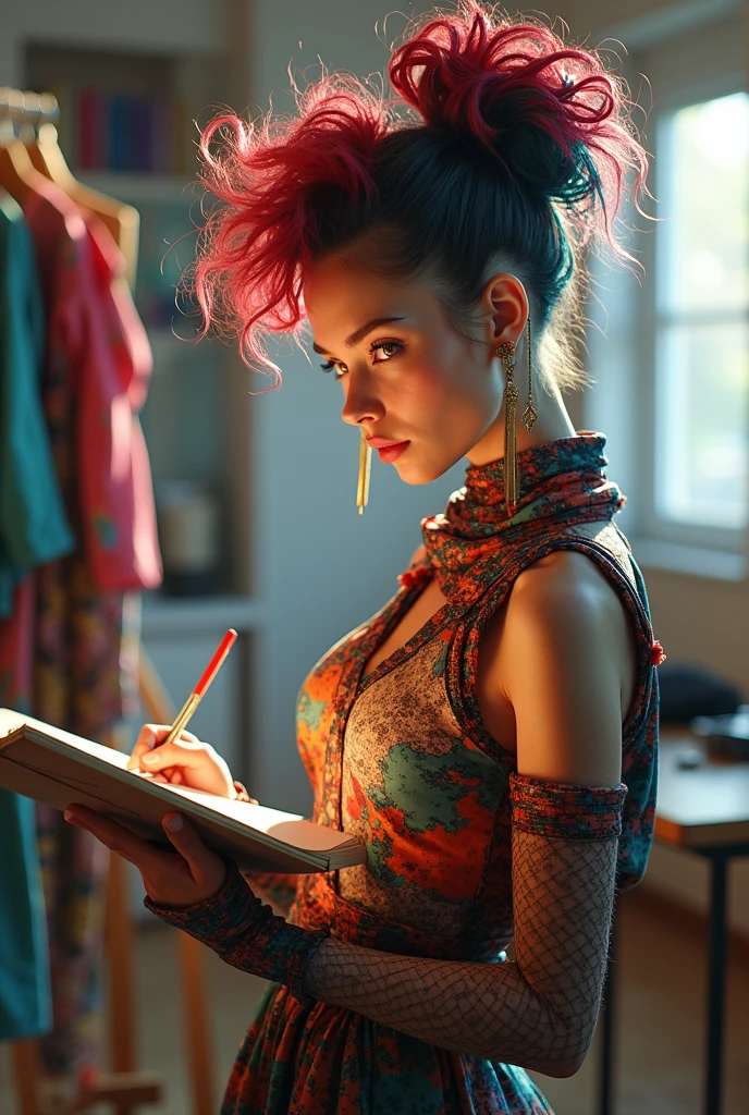 Realistic woman with sketchbook creating a new crazy dress for modelling meanwhile she's wearing crazy outfit matching her hair and personality