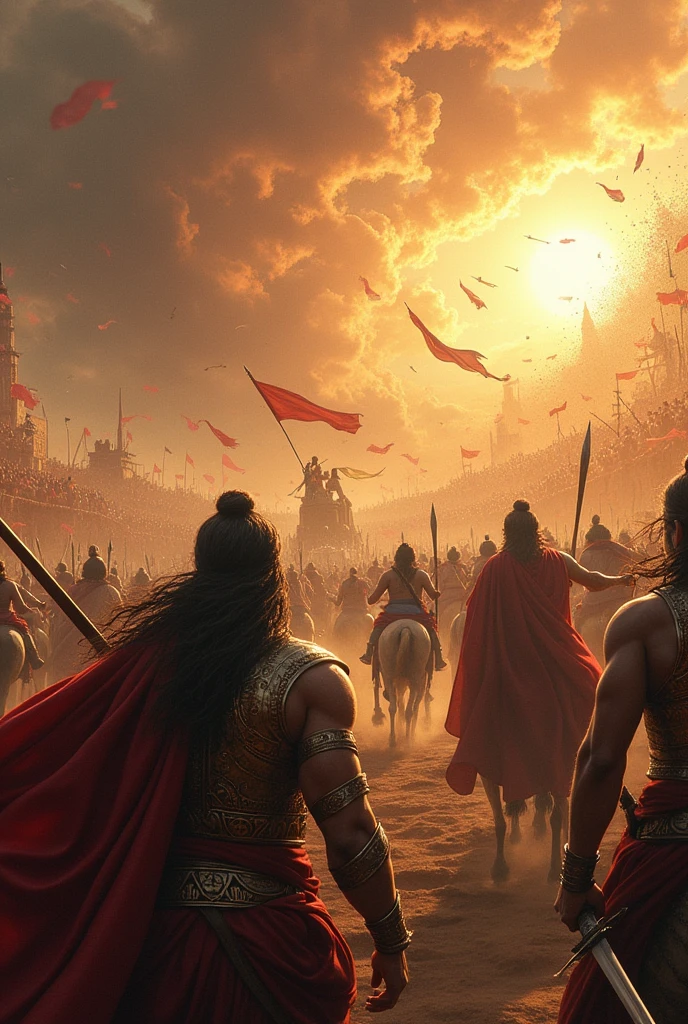 Depict the vast and chaotic battlefield of Mahabharat, with warriors clashing, chariots in motion, and the sky filled with arrows. The scene should be intense, showing the scale and ferocity of the battle.