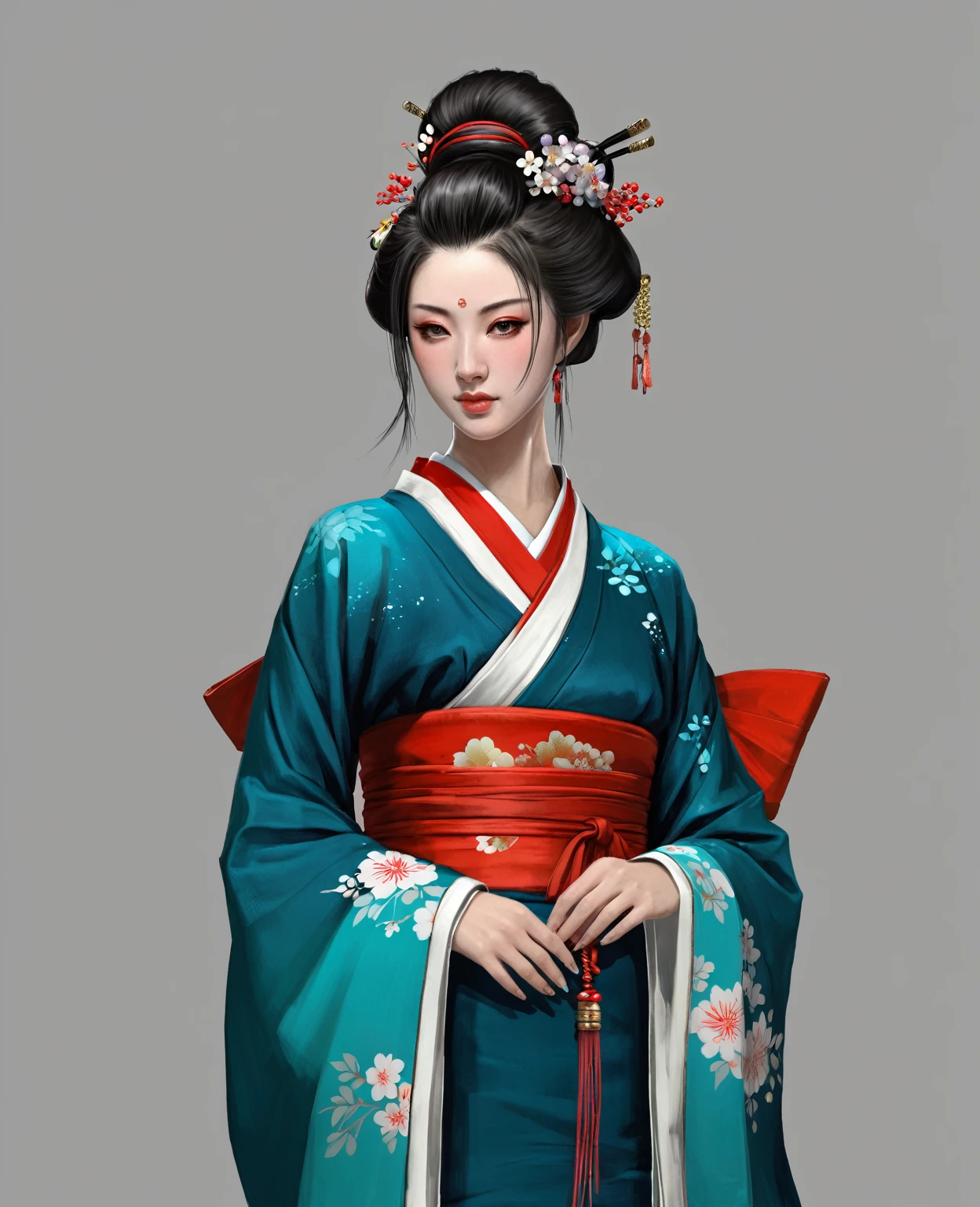 Нарисуй concept-арт самурая для MMORPG, centered on a Japanese setting. A geisha should inspire grace, sophistication and mystery, typical of Japanese culture. Picture her in a traditional kimono with details, combining elements of traditional and fantasy design. full length, concept, full length персонаж, digital painting