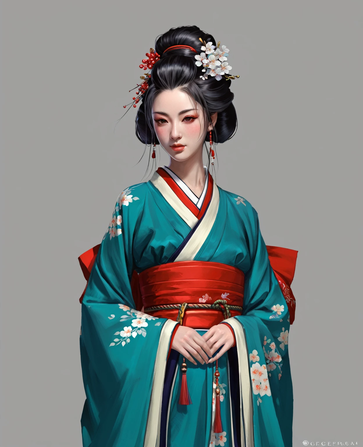 Нарисуй concept-арт самурая для MMORPG, centered on a Japanese setting. A geisha should inspire grace, sophistication and mystery, typical of Japanese culture. Picture her in a traditional kimono with details, combining elements of traditional and fantasy design. full length, concept, full length персонаж, digital painting